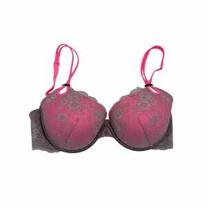 Victoria’s Secret 36D Gray Lace Hot Pink Double Strap T-Shirt Bra